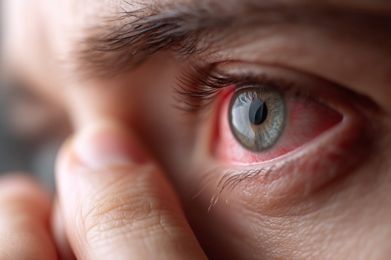 Mann mit rot unterlaufenden, gereizten Auge in der Nahaufnahme.