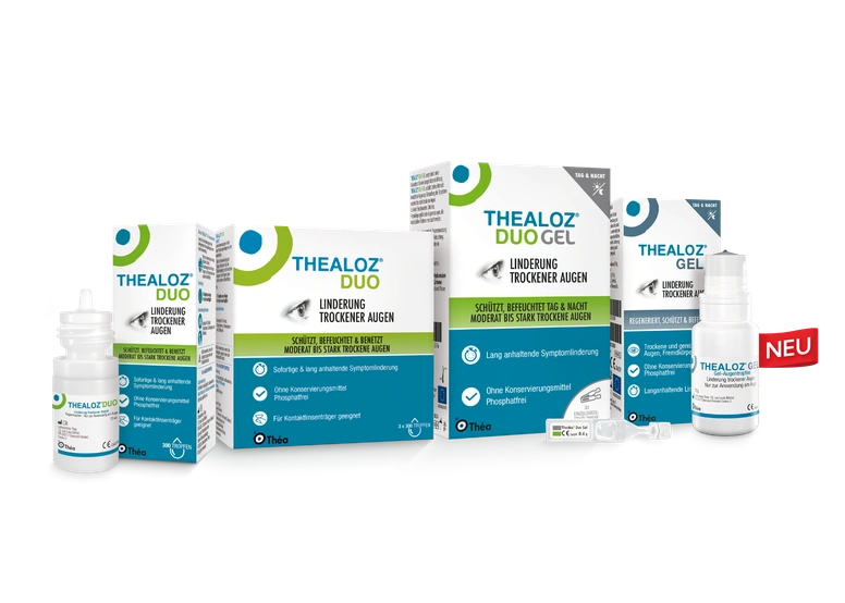 Thealoz Duo, Thealoz Duo Gel und Thealoz Gel mit Verpackungen, Flaschen und Einzeldosisbehältnis